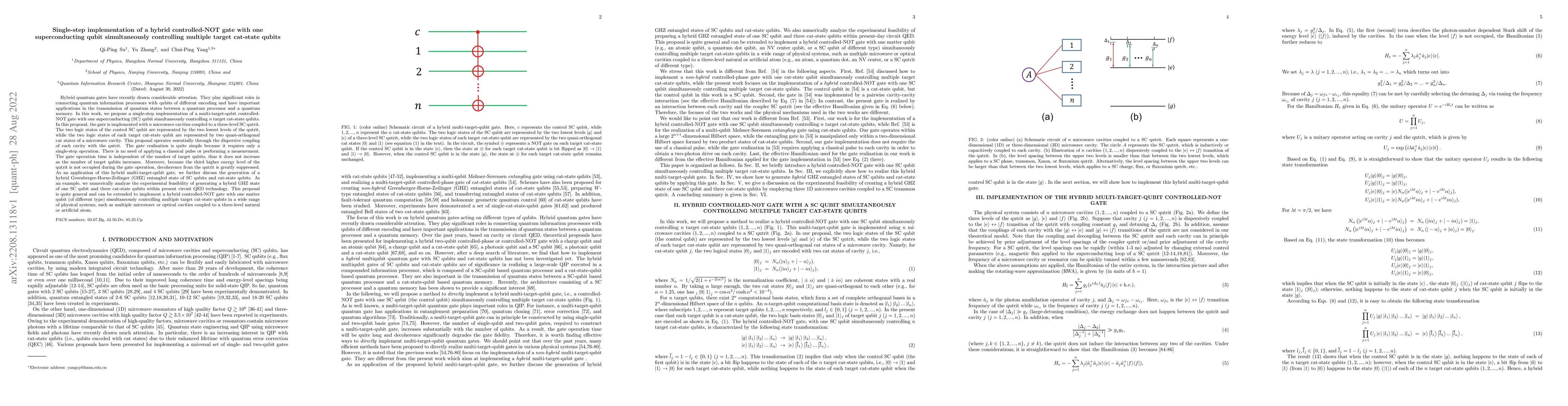 Thumbnail for Single-step implementation of a hybrid controlled-NOT gate with one
  superconducting qubit simultaneously controlling multiple target cat-state
  qubits