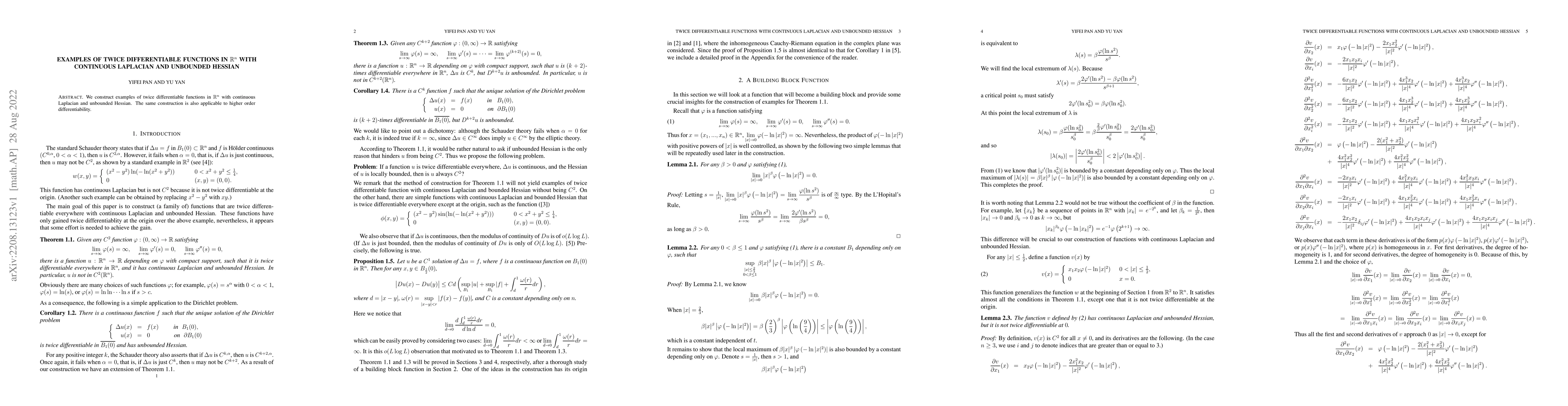 Thumbnail for Examples of Twice Differentiable Functions in $\mathbb{R}^n$ with
  Continuous Laplacian and Unbounded Hessian
