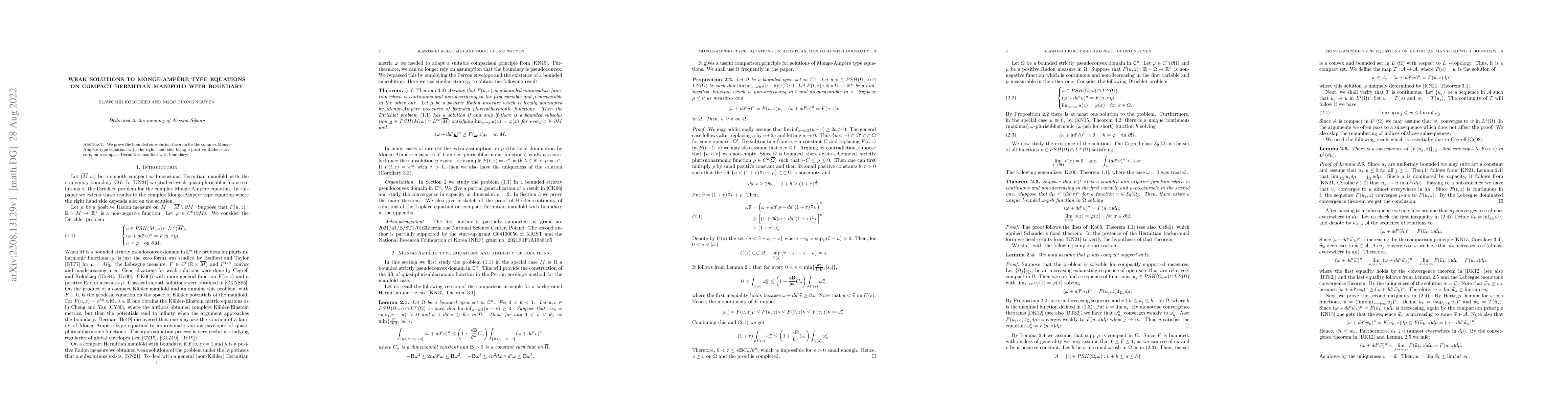 Thumbnail for Weak solutions to Monge-Amp\`ere type equations on compact Hermitian
  manifold with boundary