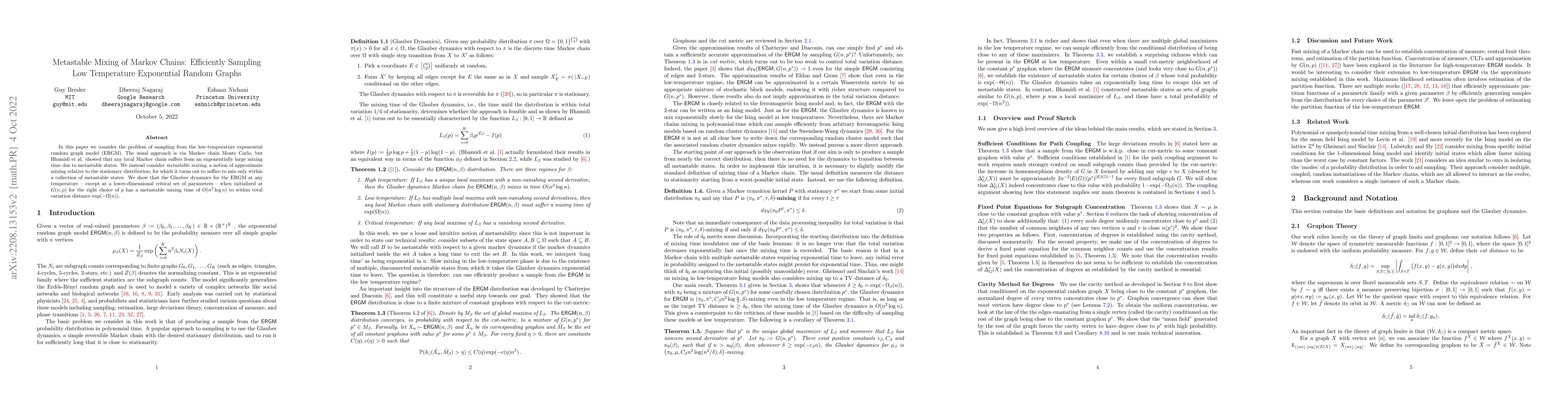 Thumbnail for Metastable Mixing of Markov Chains: Efficiently Sampling Low Temperature
  Exponential Random Graphs