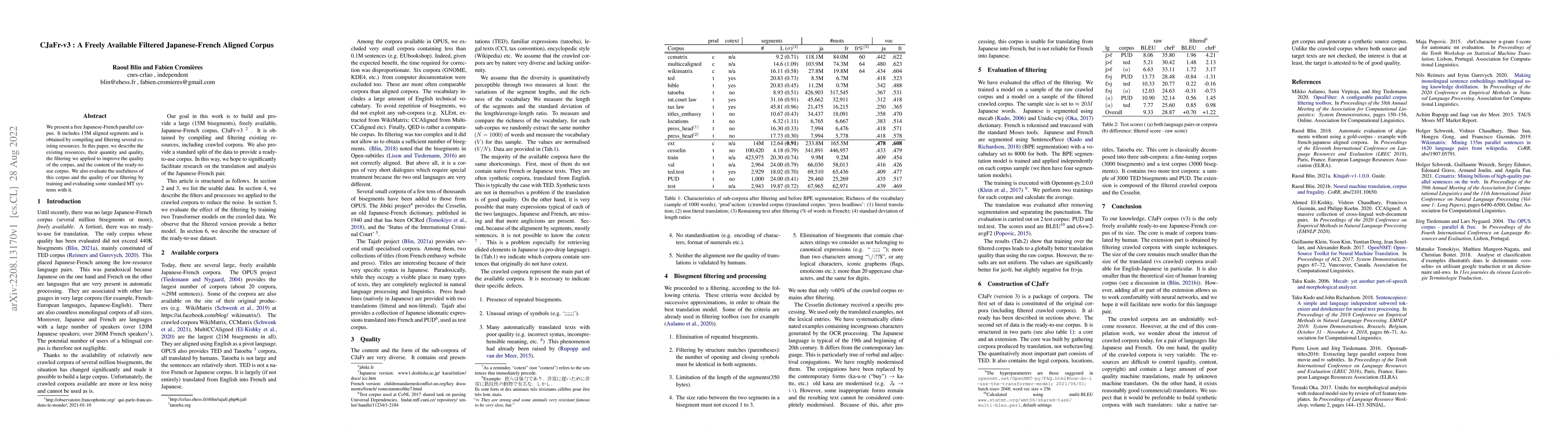 Thumbnail for CJaFr-v3 : A Freely Available Filtered Japanese-French Aligned Corpus