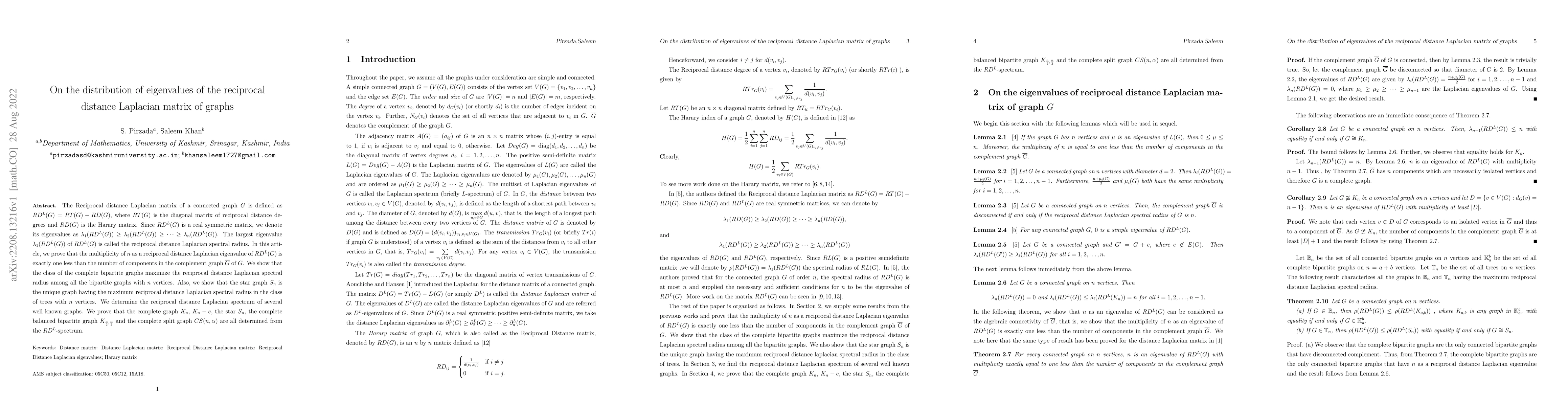 Thumbnail for On the distribution of eigenvalues of the reciprocal distance Laplacian
  matrix of graphs