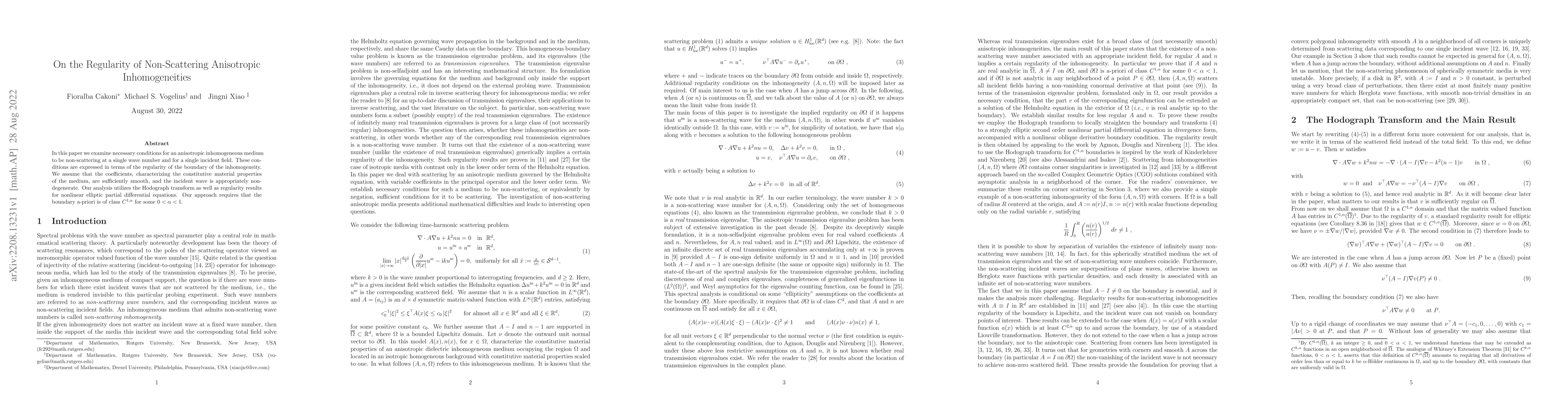 Thumbnail for On the Regularity of Non-Scattering Anisotropic Inhomogeneities