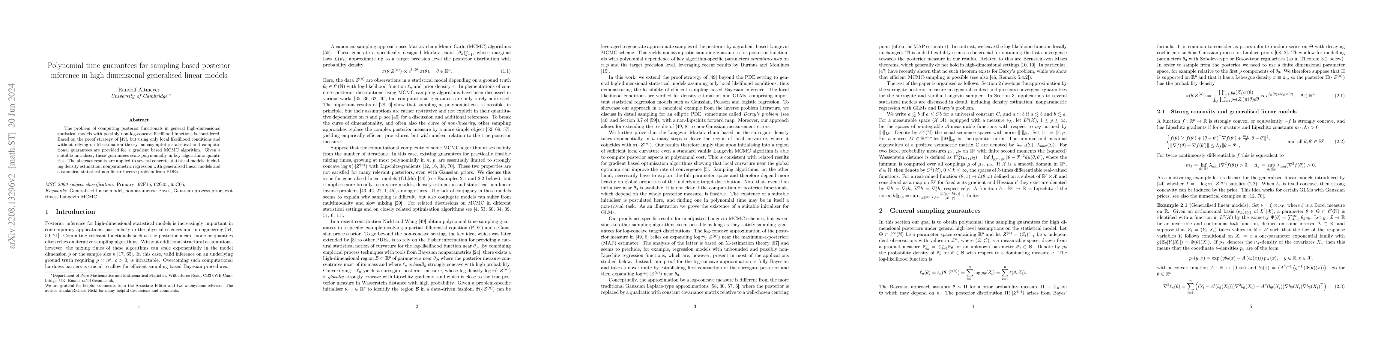 Thumbnail for Polynomial time guarantees for sampling based posterior inference in
  high-dimensional generalised linear models