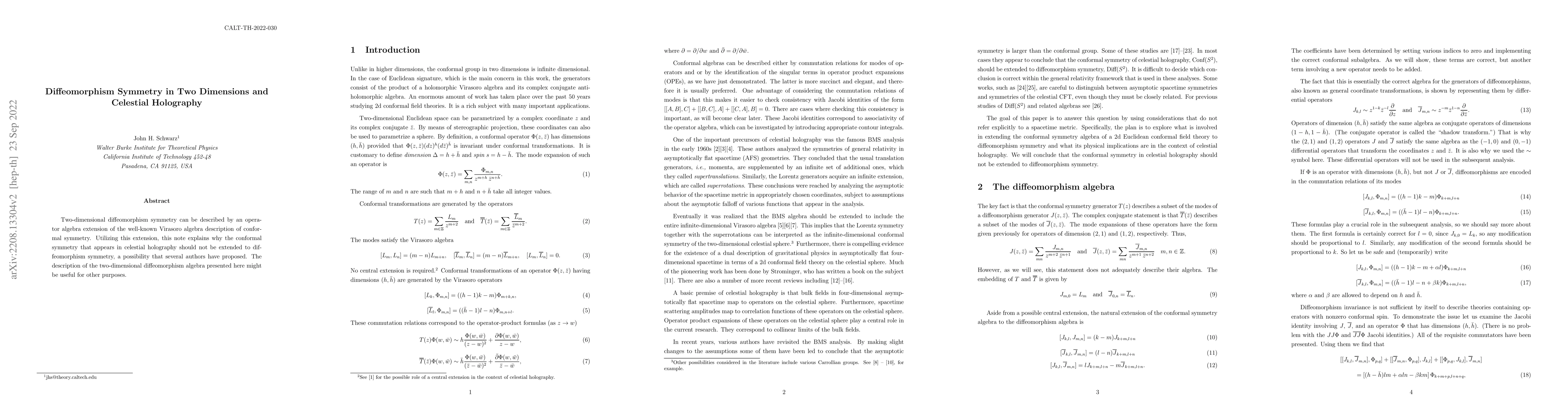 Thumbnail for Diffeomorphism Symmetry in Two Dimensions and Celestial Holography