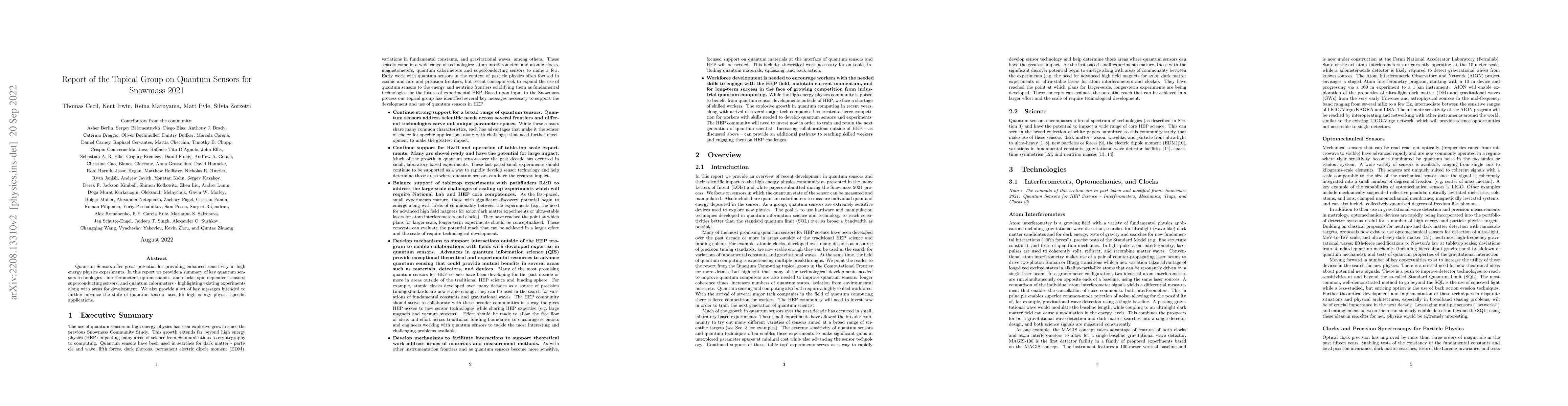 Thumbnail for Report of the Topical Group on Quantum Sensors for Snowmass 2021