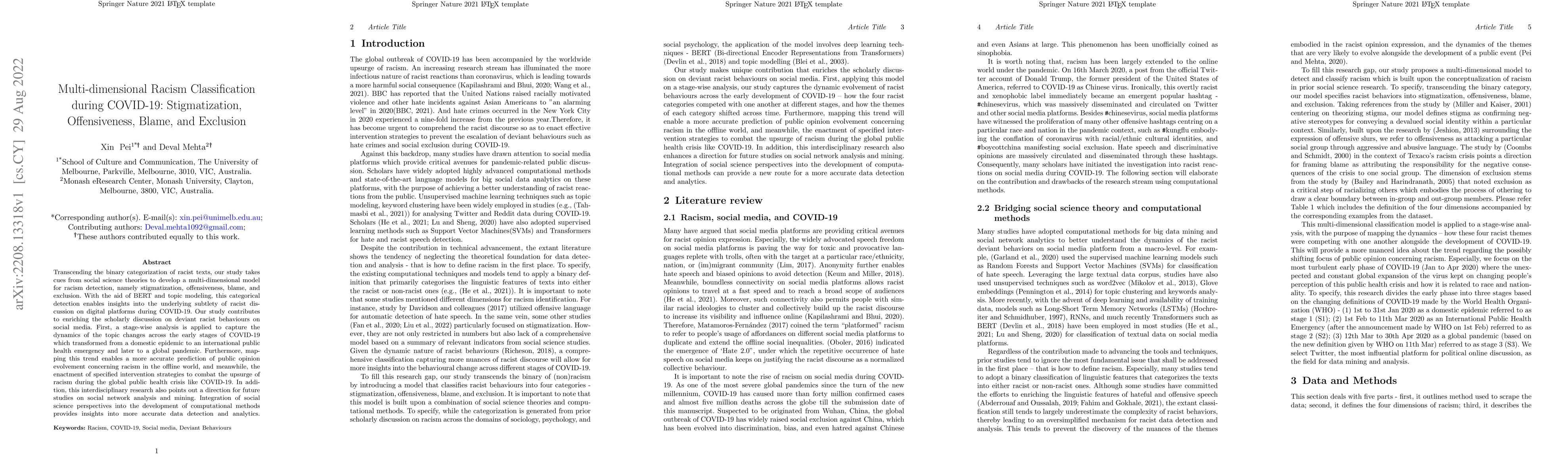 Thumbnail for Multi-dimensional Racism Classification during COVID-19: Stigmatization,
  Offensiveness, Blame, and Exclusion