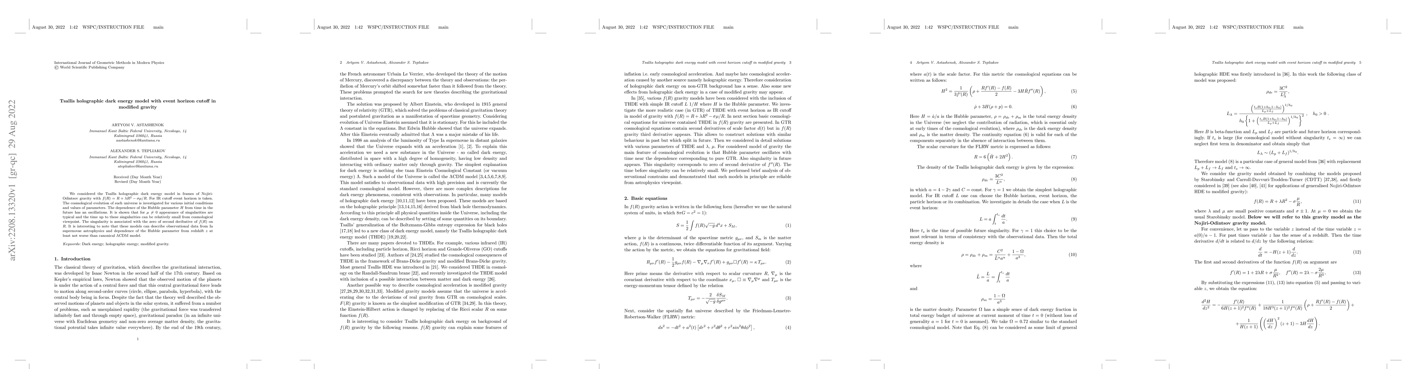 Thumbnail for Tsallis holographic dark energy model with event horizon cutoff in
  modified gravity