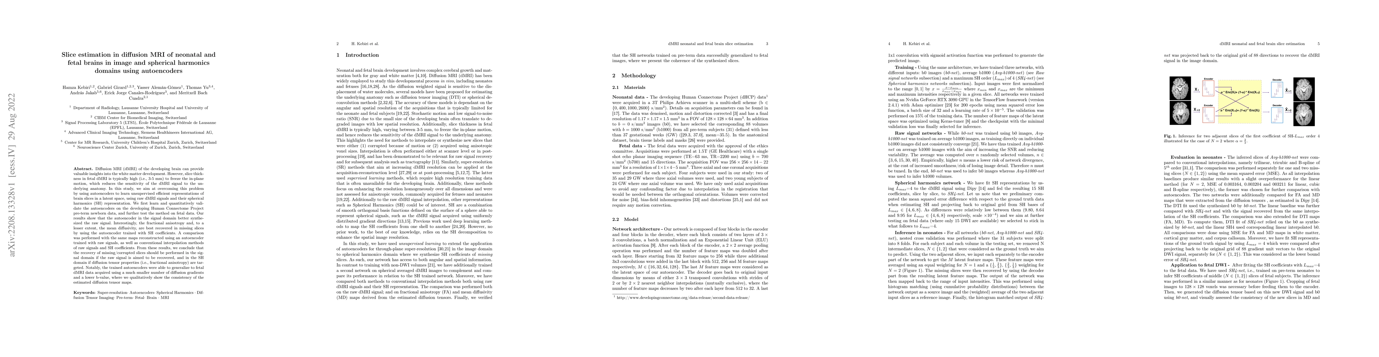 Thumbnail for Slice estimation in diffusion MRI of neonatal and fetal brains in image
  and spherical harmonics domains using autoencoders
