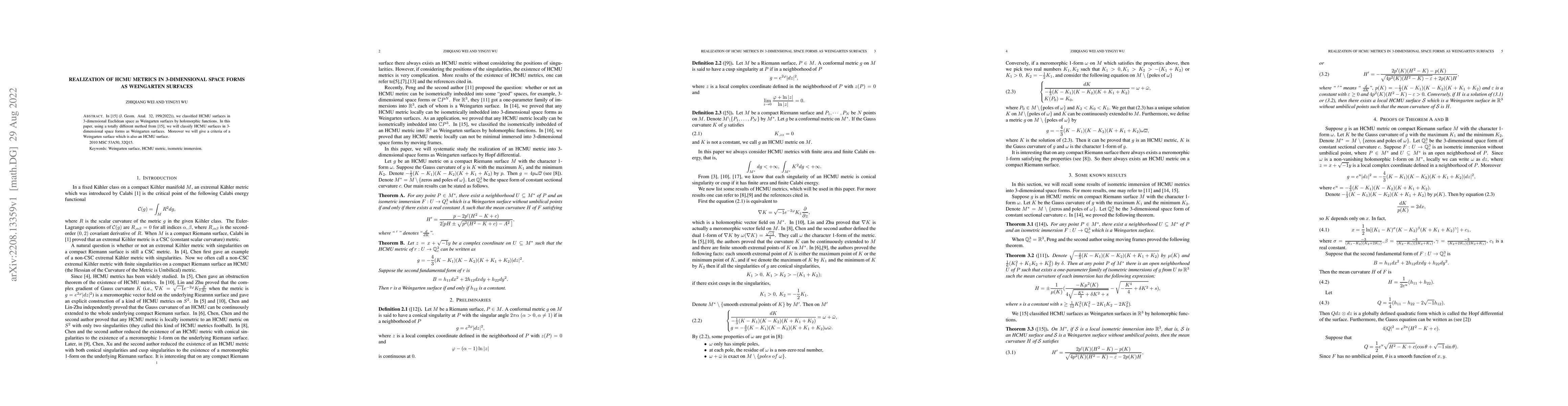 Thumbnail for Realization of HCMU metrics in 3-dimensional space forms as Weingarten
  surfaces