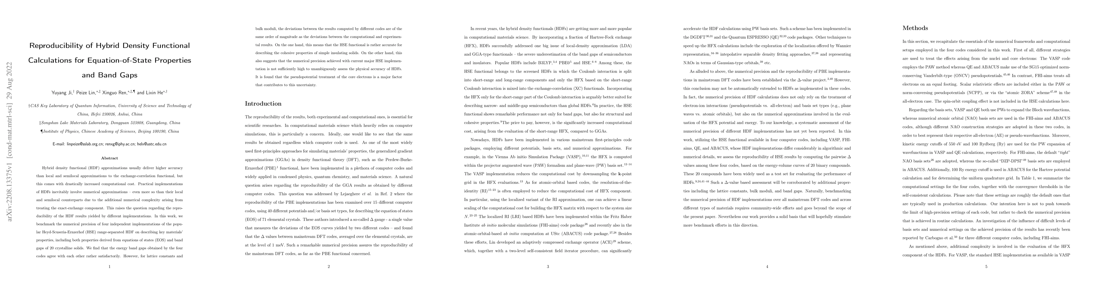 Thumbnail for Reproducibility of Hybrid Density Functional Calculations for
  Equation-of-State Properties and Band Gaps