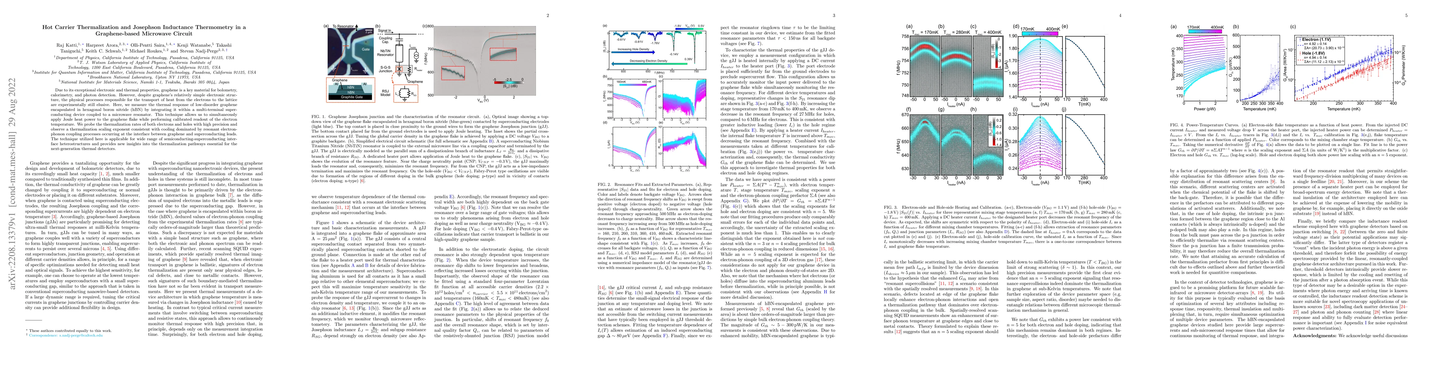 Thumbnail for Hot Carrier Thermalization and Josephson Inductance Thermometry in a
  Graphene-based Microwave Circuit