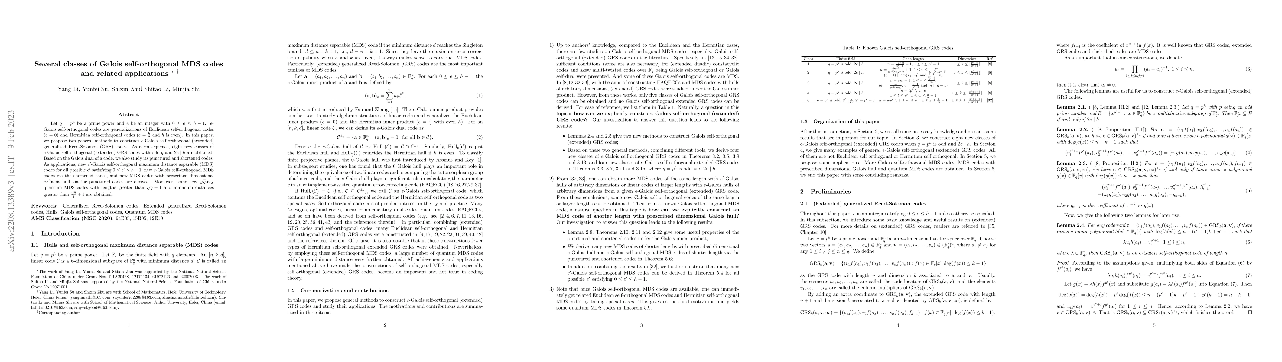 Thumbnail for Several classes of Galois self-orthogonal MDS codes and related
  applications