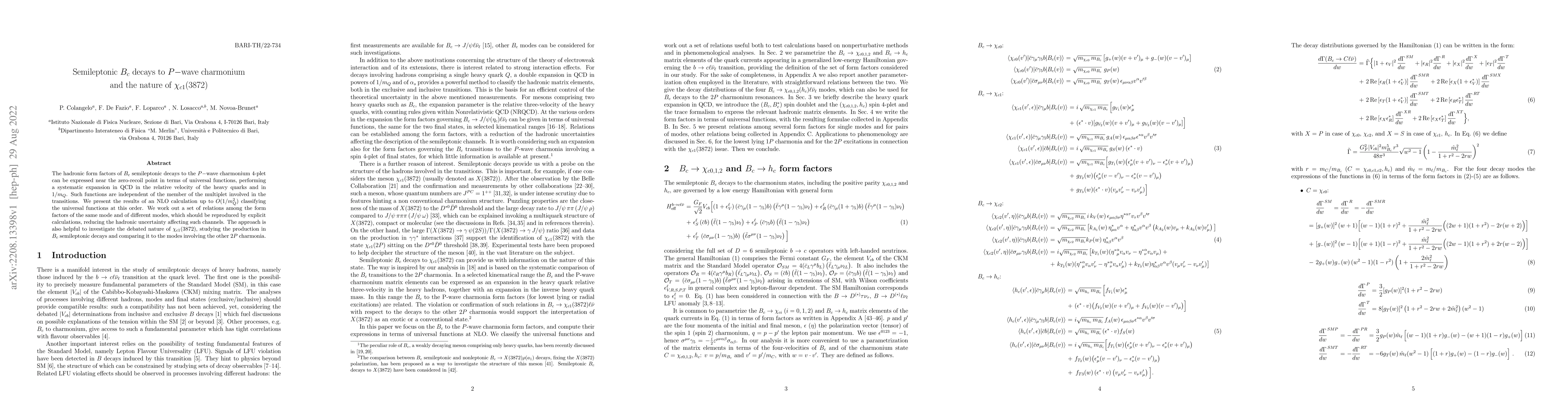 Thumbnail for Semileptonic $B_c$ decays to $P-$wave charmonium and the nature of
  $\chi_{c1}(3872)$