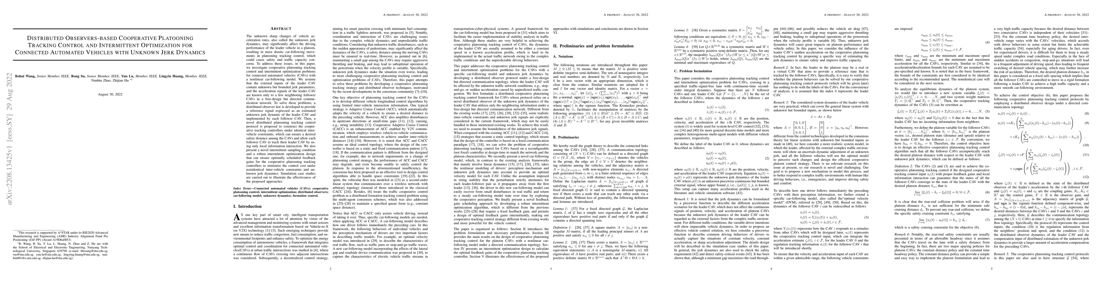 Thumbnail for Distributed Observers-based Cooperative Platooning Tracking Control and
  Intermittent Optimization for Connected Automated Vehicles with Unknown Jerk
  Dynamics