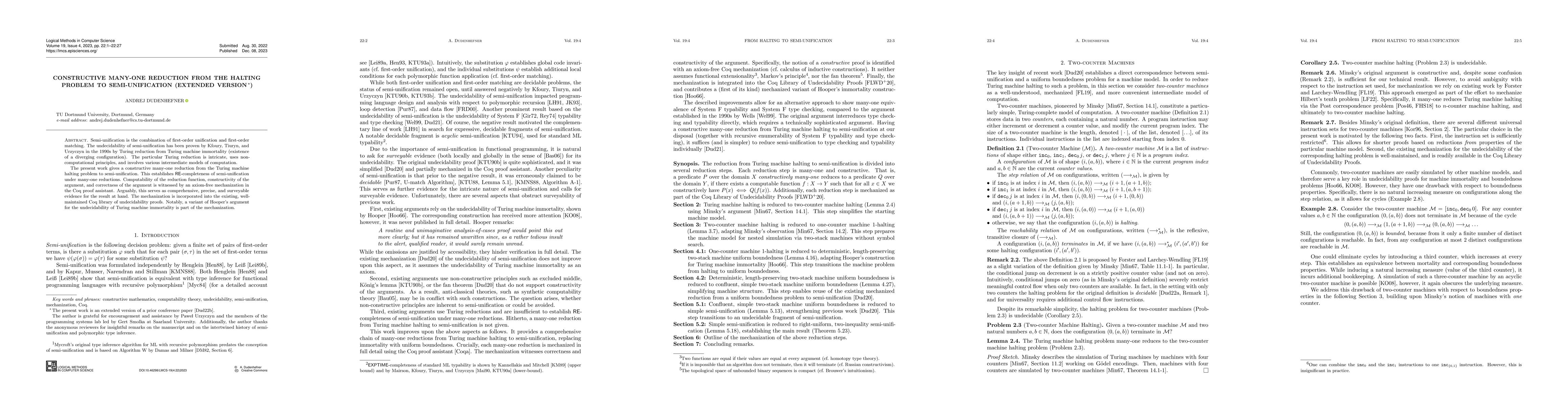 Thumbnail for Constructive Many-one Reduction from the Halting Problem to
  Semi-unification (Extended Version)