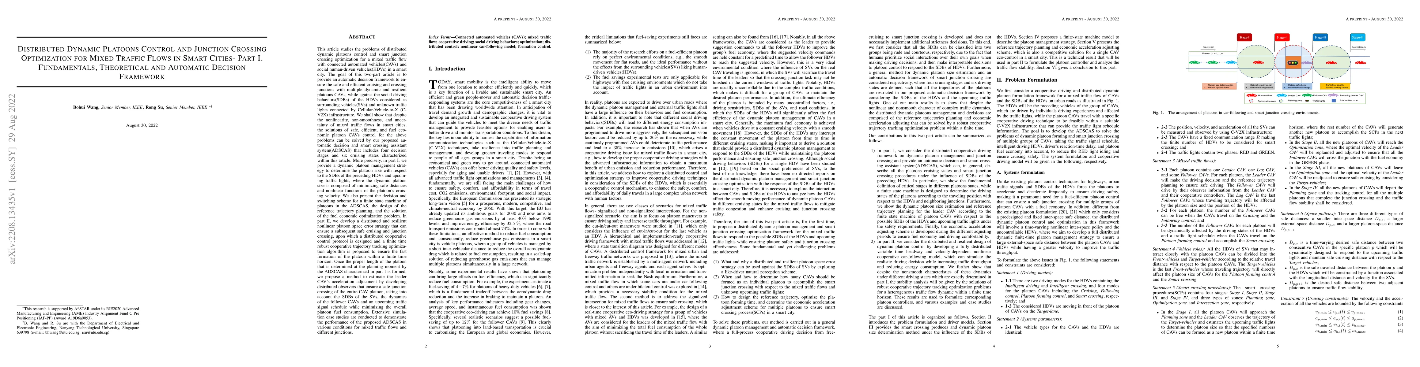 Thumbnail for Distributed Dynamic Platoons Control and Junction Crossing Optimization
  for Mixed Traffic Flows in Smart Cities- Part I. Fundamentals, Theoretical
  and Automatic Decision Framework