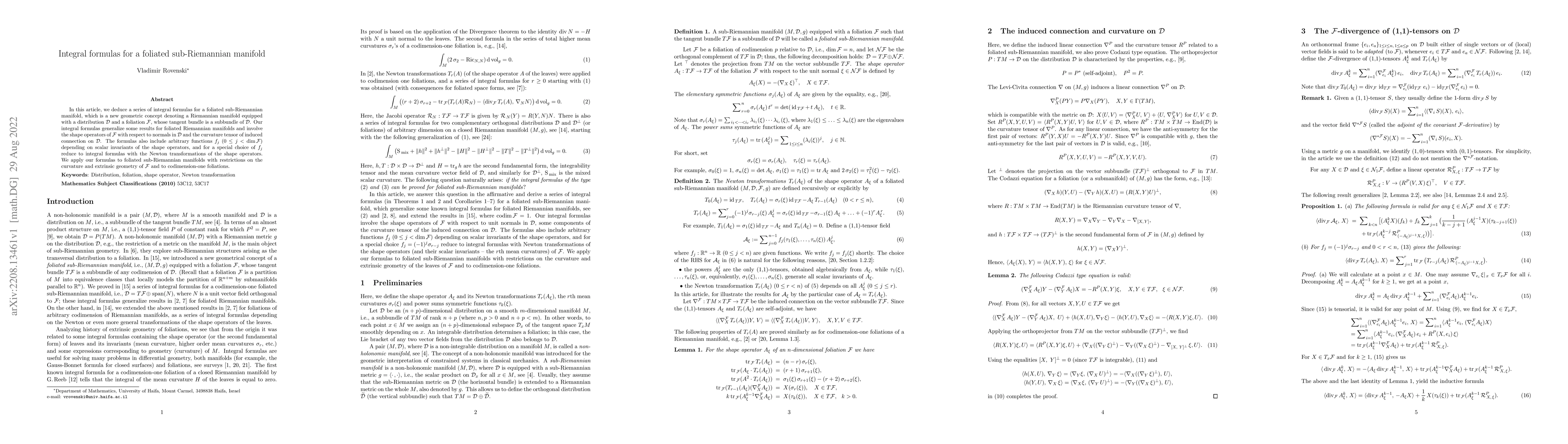 Thumbnail for Integral formulas for a foliated sub-Riemannian manifold