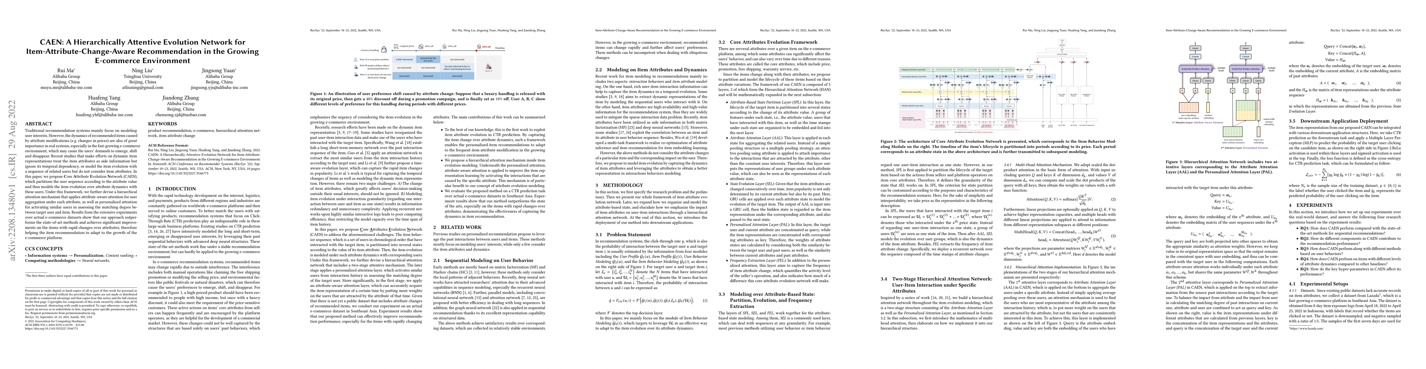 Thumbnail for CAEN: A Hierarchically Attentive Evolution Network for
  Item-Attribute-Change-Aware Recommendation in the Growing E-commerce
  Environment