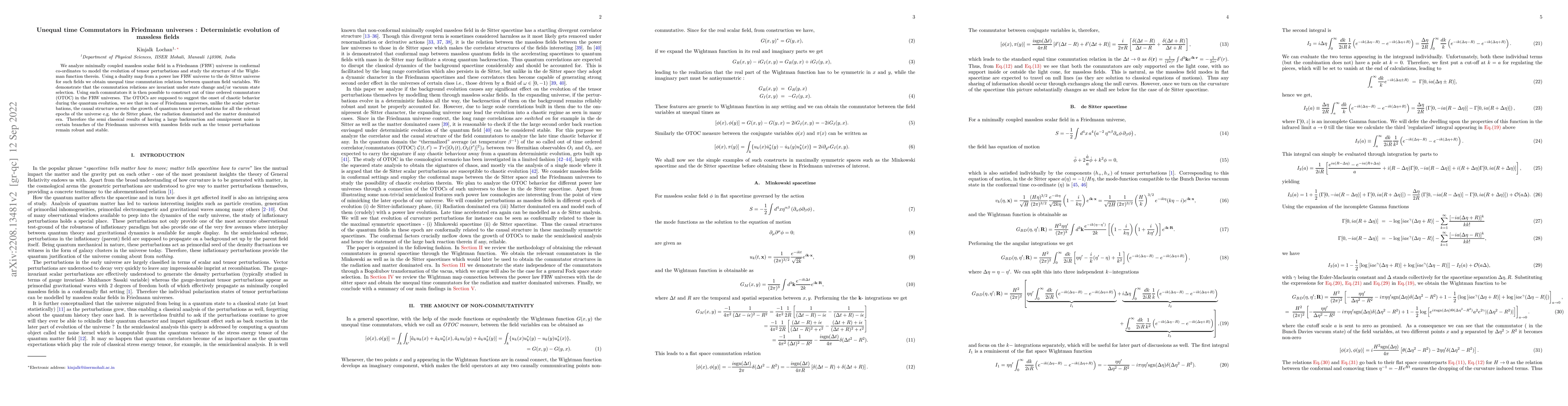 Thumbnail for Unequal time Commutators in Friedmann universes: Deterministic evolution
  of massless fields