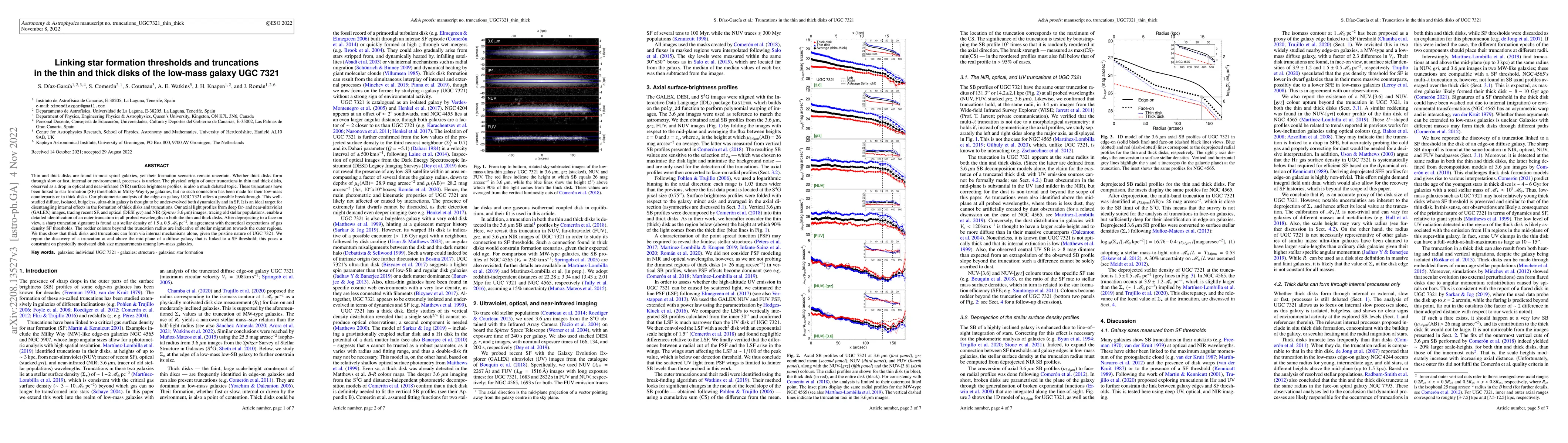 Thumbnail for Linking star formation thresholds and truncations in the thin and thick
  disks of the low-mass galaxy UGC 7321