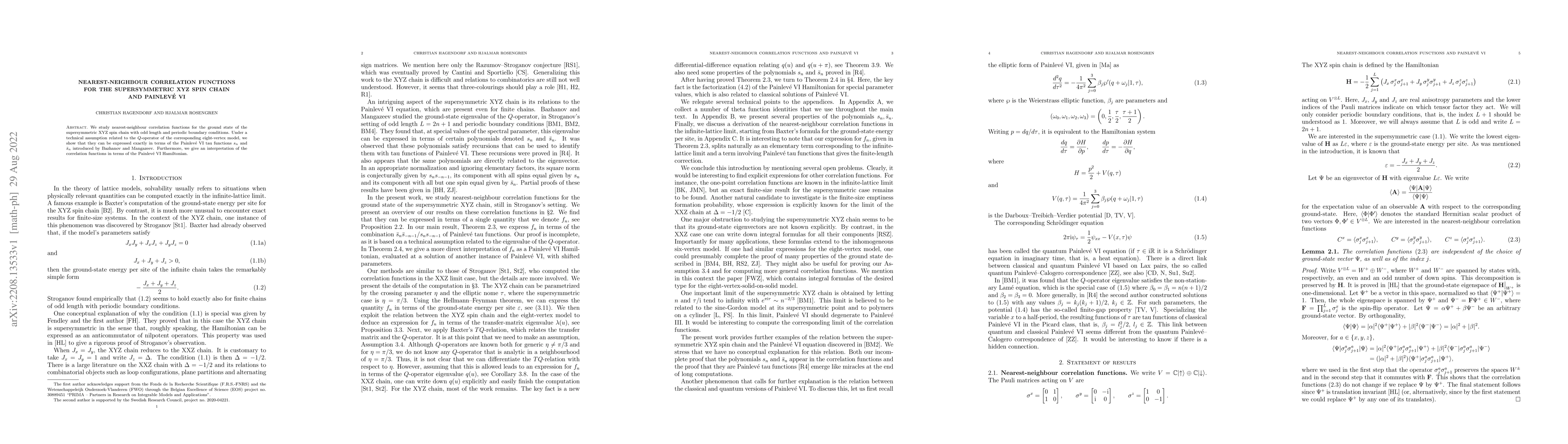 Thumbnail for Nearest-neighbour correlation functions for the supersymmetric XYZ spin
  chain and Painlev\'e VI