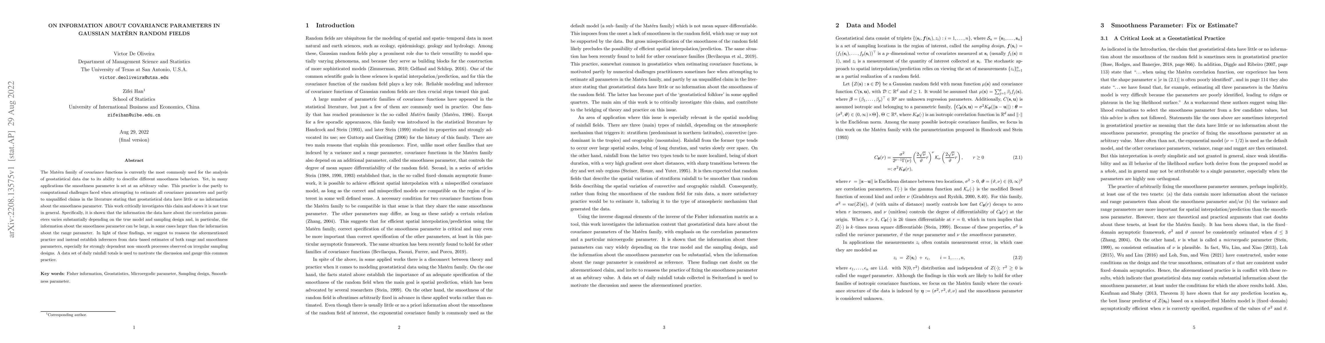 Thumbnail for On Information About Covariance Parameters in Gaussian Mat\'ern Random
  Fields