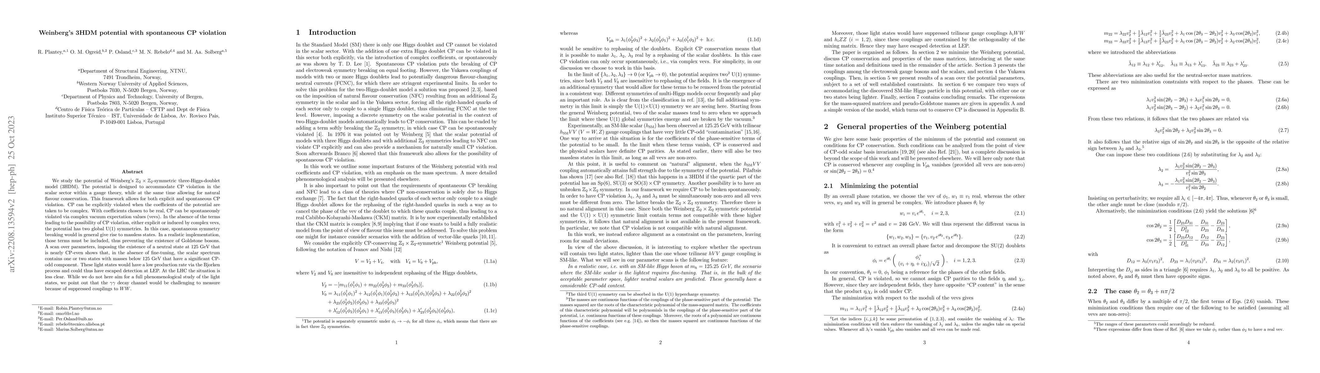 Thumbnail for Weinberg's 3HDM potential with spontaneous CP violation