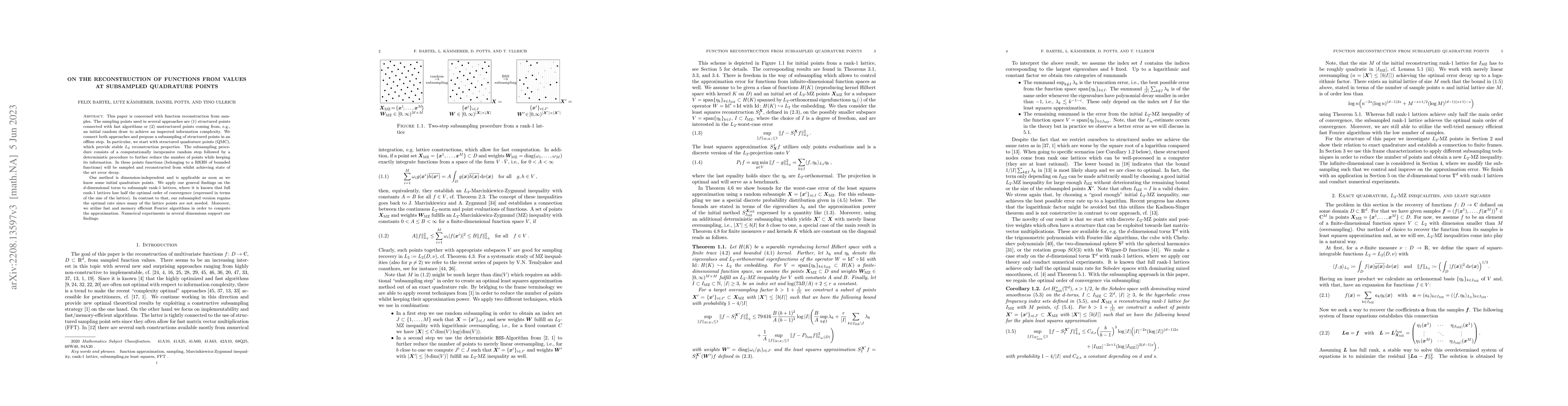 Thumbnail for On the reconstruction of functions from values at subsampled quadrature
  points