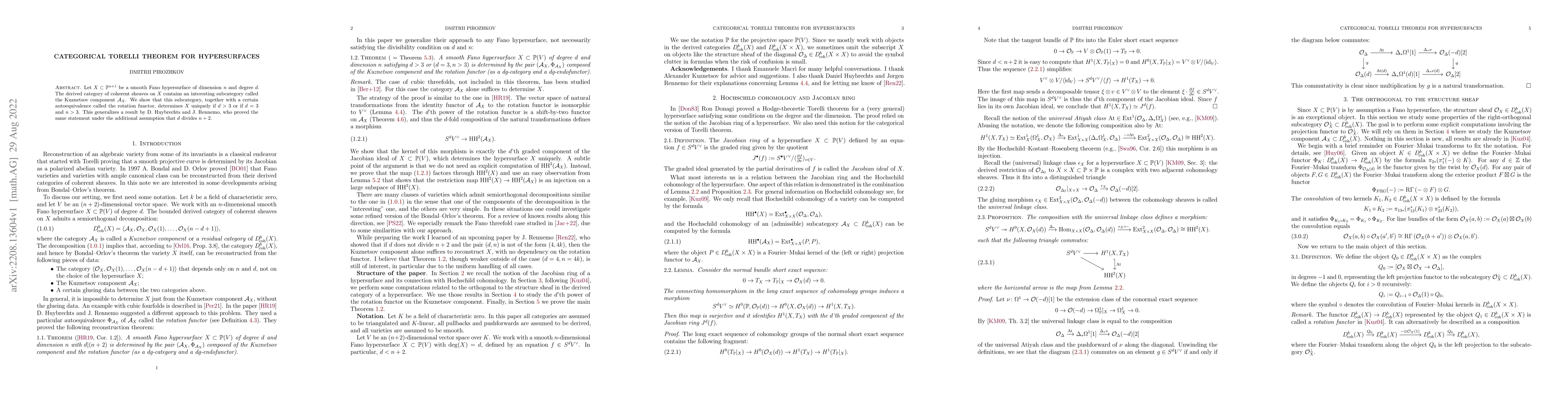 Thumbnail for Categorical Torelli theorem for hypersurfaces