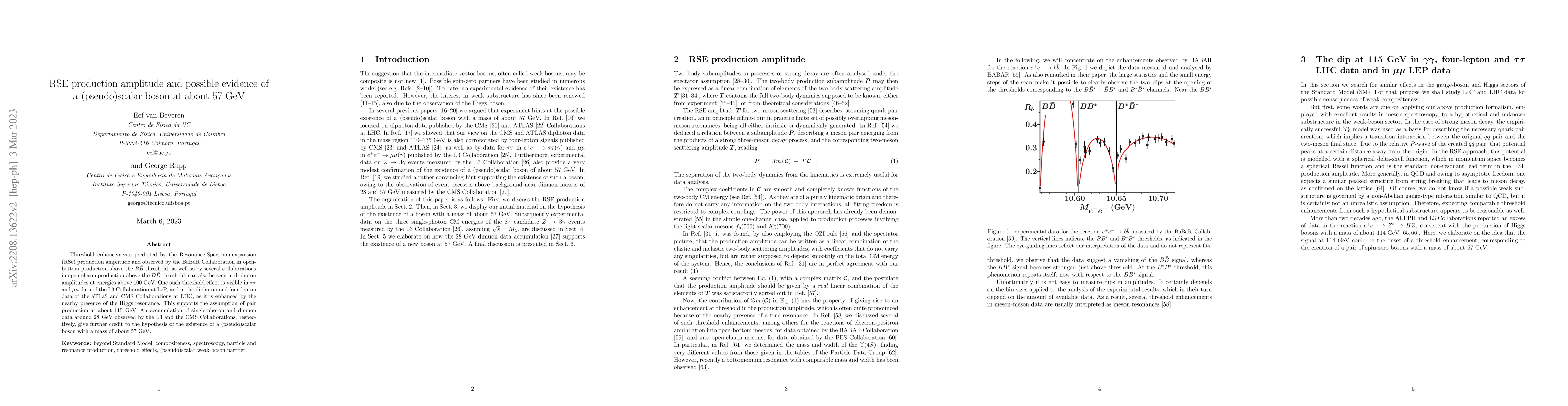 Thumbnail for RSE production amplitude and possible evidence of a (pseudo)scalar boson
  at about 57 GeV