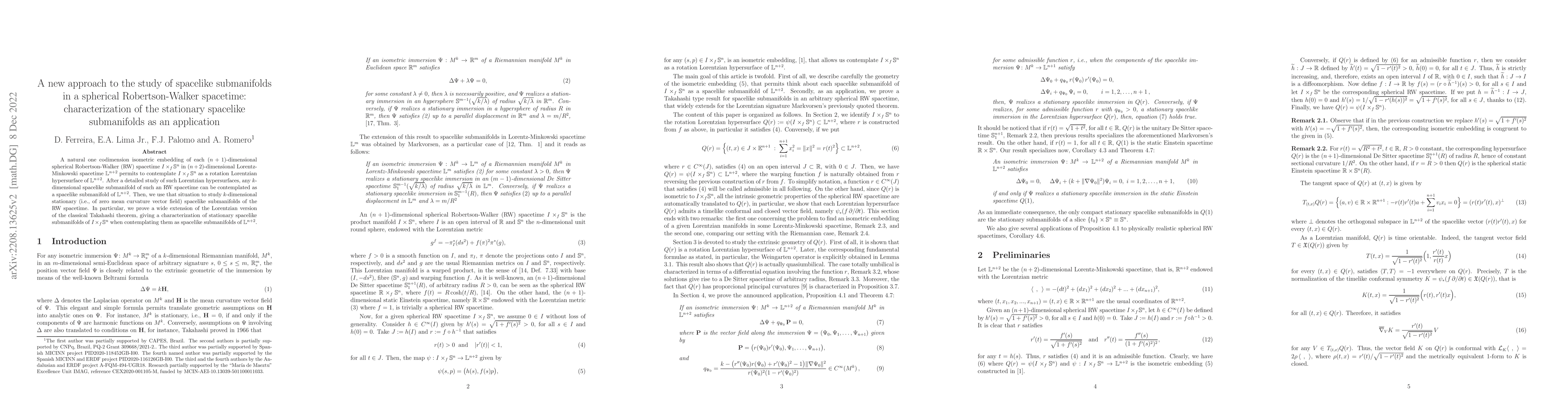 Thumbnail for A new approach to the study of spacelike submanifolds in a spherical
  Robertson-Walker spacetime: characterization of the stationary spacelike
  submanifolds as an application