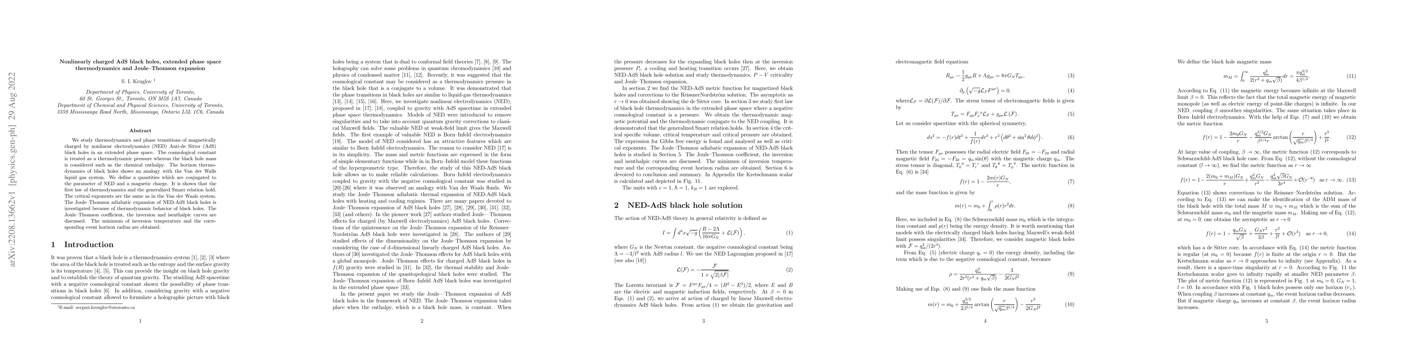 Thumbnail for Nonlinearly charged AdS black holes, extended phase space thermodynamics
  and Joule-Thomson expansion