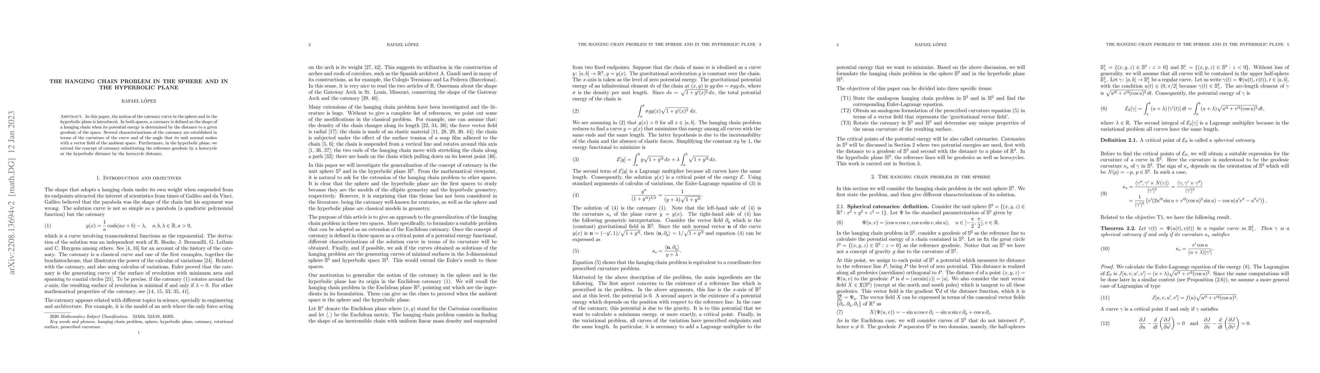Thumbnail for The hanging chain problem in the sphere and in the hyperbolic plane