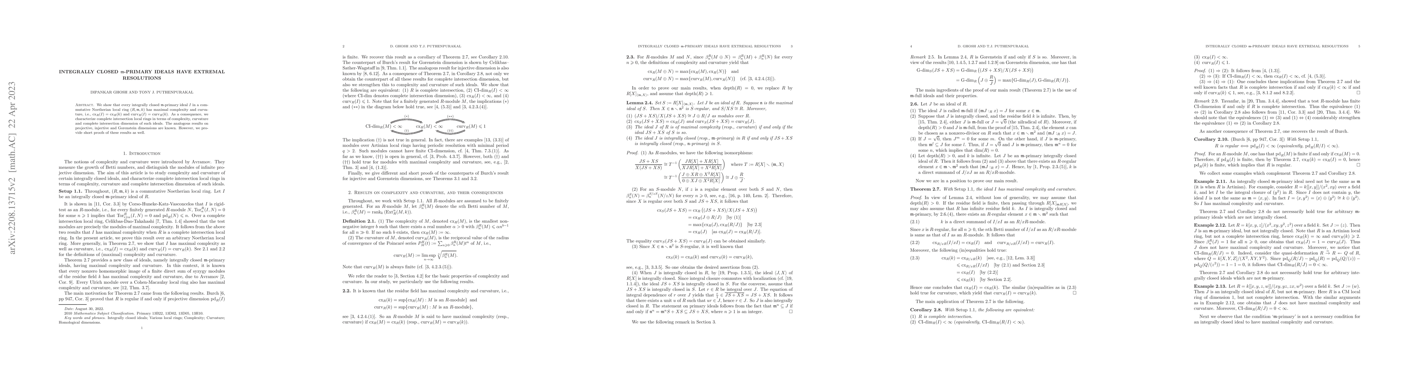 Thumbnail for Integrally closed $\mathfrak{m}$-primary ideals have extremal
  resolutions