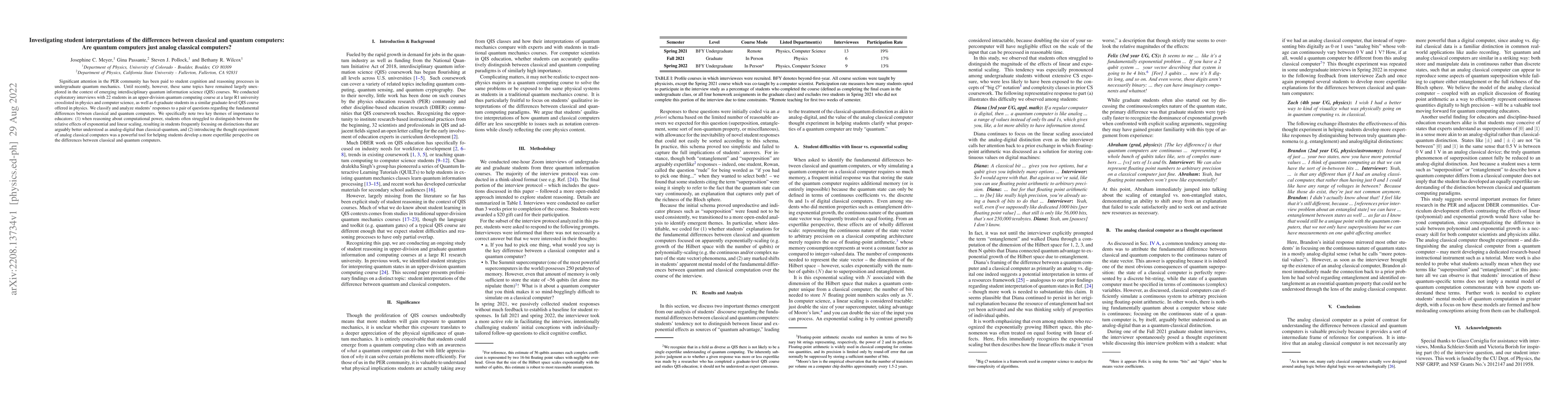 Thumbnail for Investigating student interpretations of the differences between
  classical and quantum computers: Are quantum computers just analog classical
  computers?
