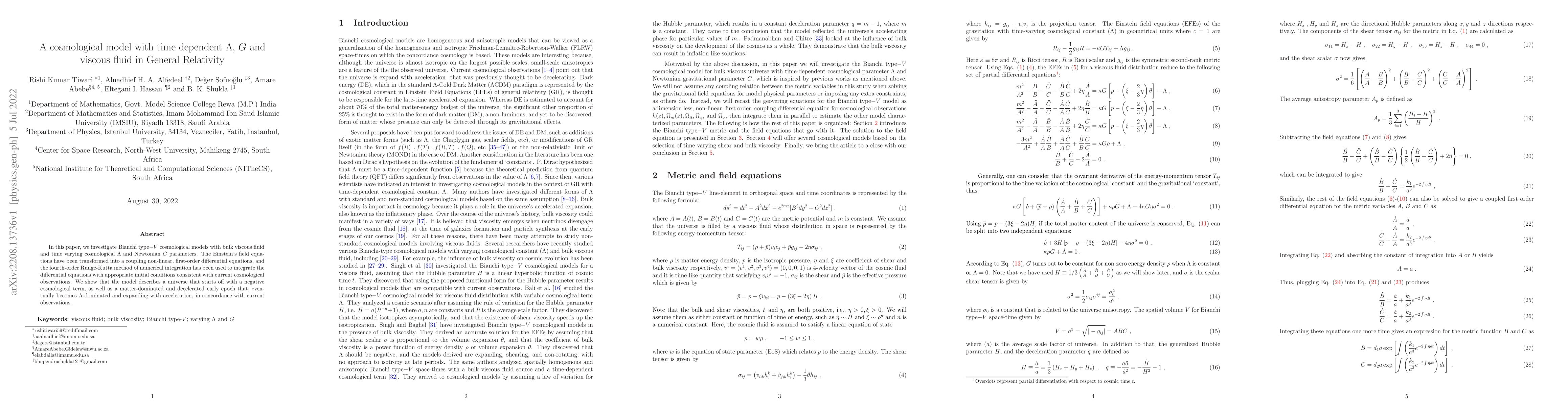Thumbnail for A cosmological model with time dependent $\Lambda$, $G$ and viscous
  fluid in General Relativity