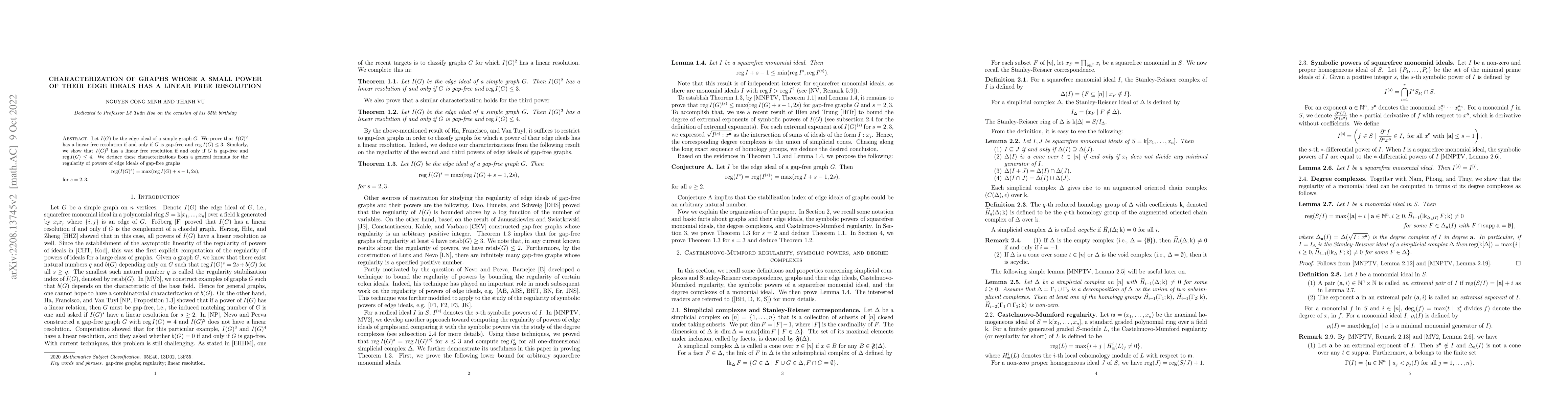 Thumbnail for Characterization of graphs whose a small power of their edge ideals has
  a linear free resolution
