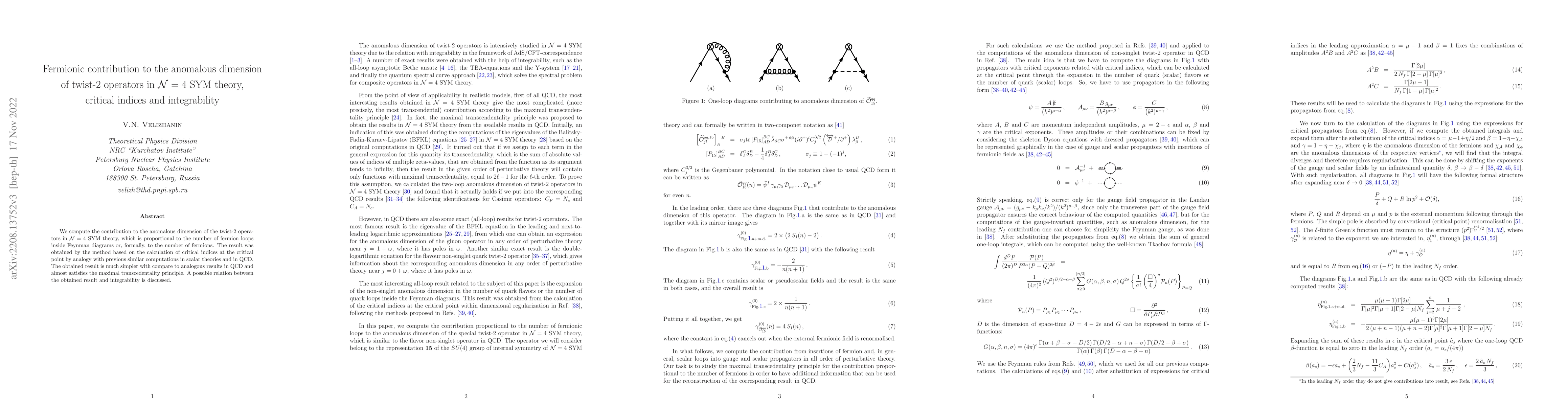 Thumbnail for Fermionic contribution to the anomalous dimension of twist-2 operators
  in N=4 SYM theory, critical indices and integrability