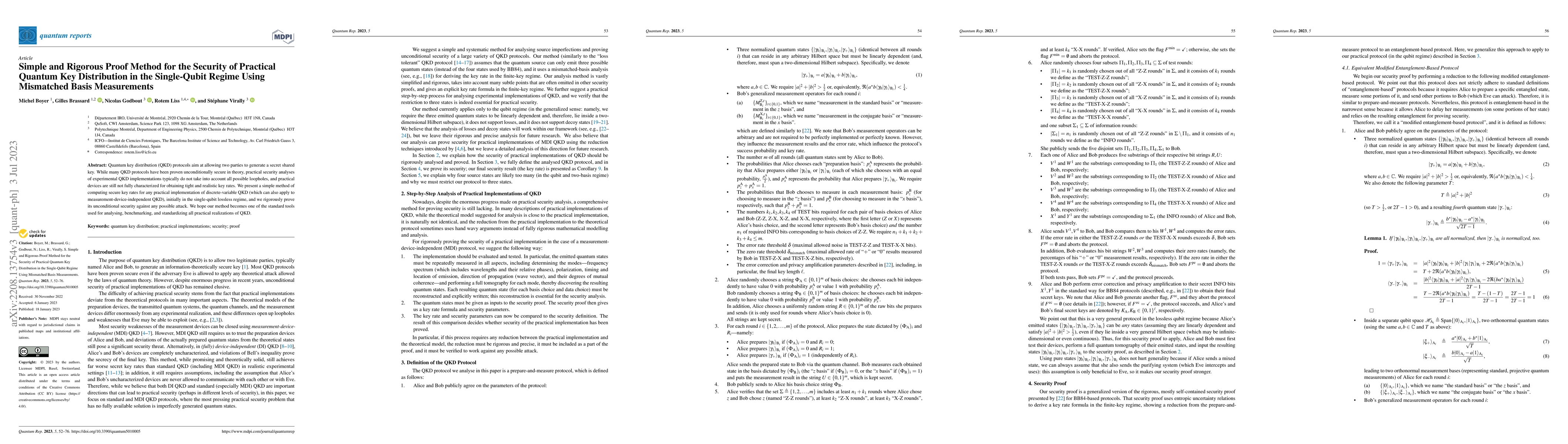 Thumbnail for Simple and Rigorous Proof Method for the Security of Practical Quantum
  Key Distribution in the Single-Qubit Regime Using Mismatched Basis
  Measurements