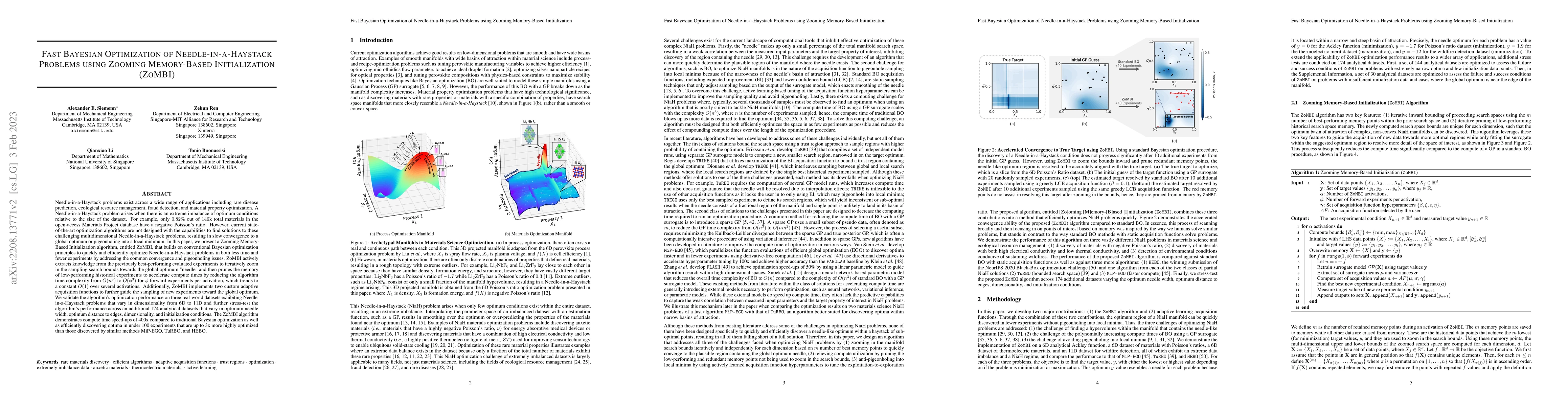 Thumbnail for Fast Bayesian Optimization of Needle-in-a-Haystack Problems using
  Zooming Memory-Based Initialization (ZoMBI)