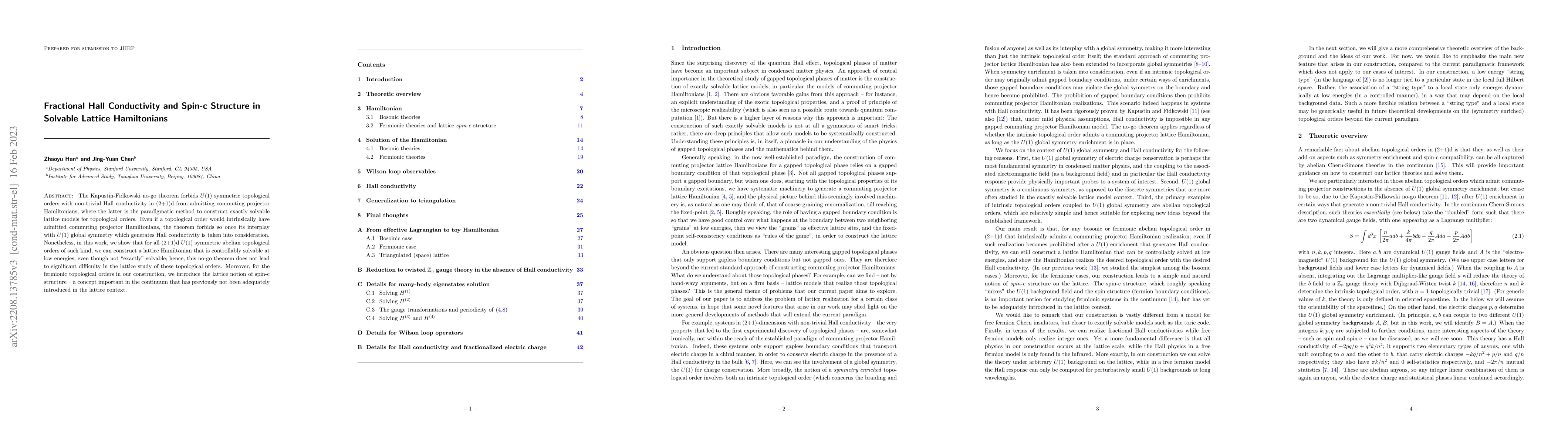 Thumbnail for Fractional Hall Conductivity and Spin-c Structure in Solvable Lattice
  Hamiltonians