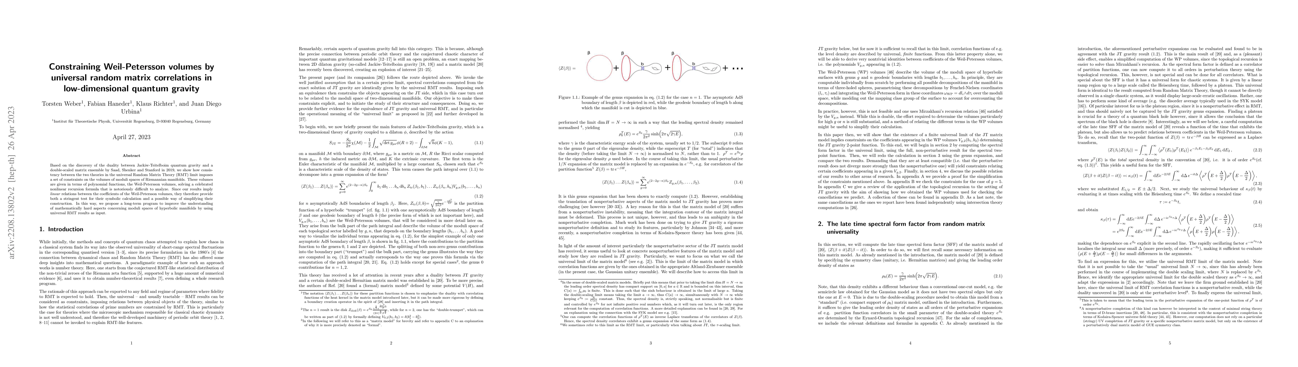 Thumbnail for Constraining Weil-Petersson volumes by universal random matrix
  correlations in low-dimensional quantum gravity