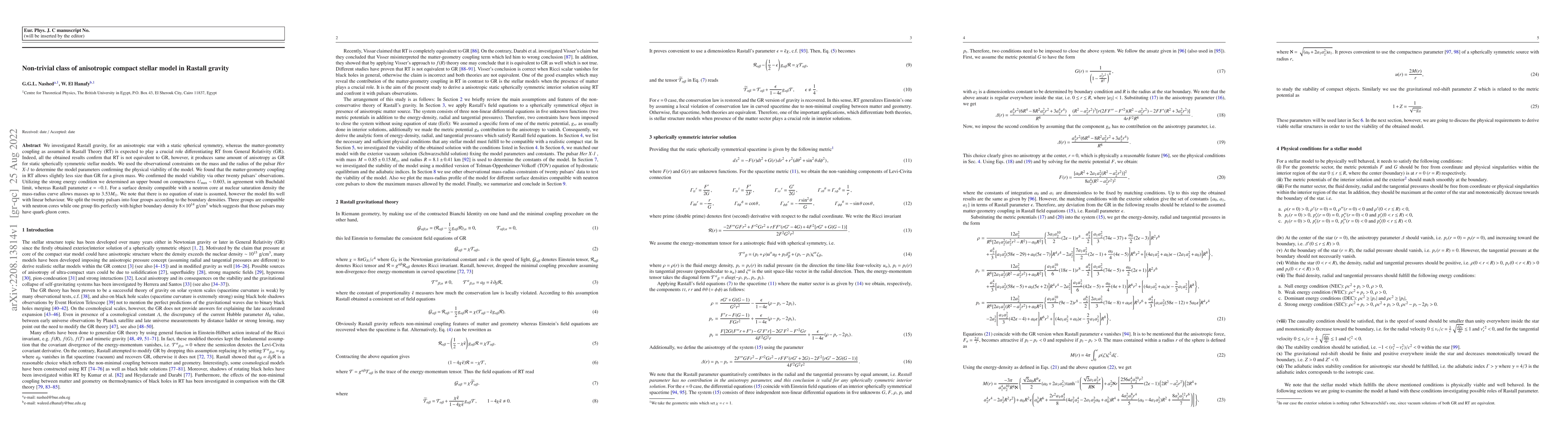 Thumbnail for Non-trivial class of anisotropic compact stellar model in Rastall
  gravity