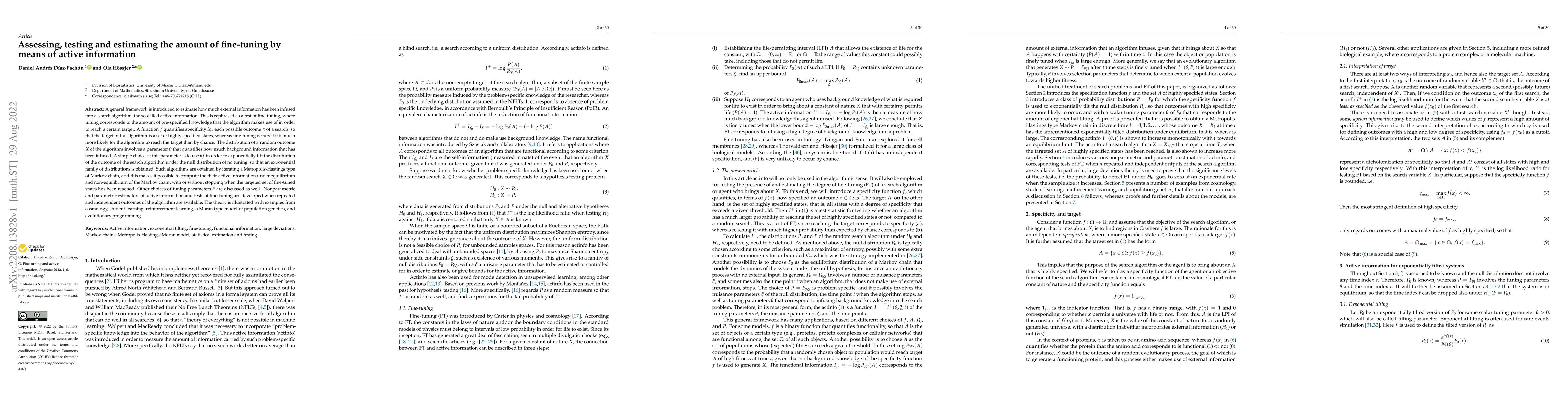 Thumbnail for Assessing, testing and estimating the amount of fine-tuning by means of
  active information
