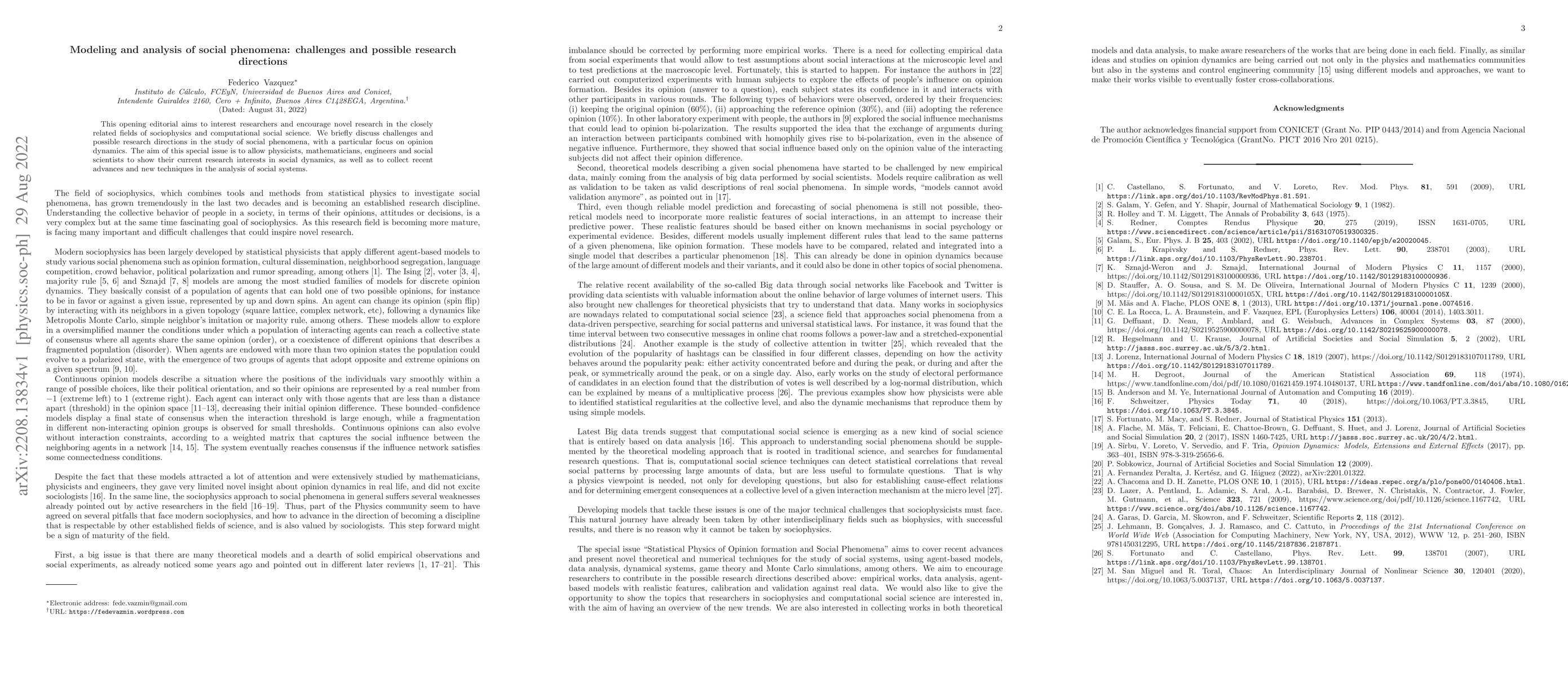 Thumbnail for Modeling and analysis of social phenomena: challenges and possible
  research directions