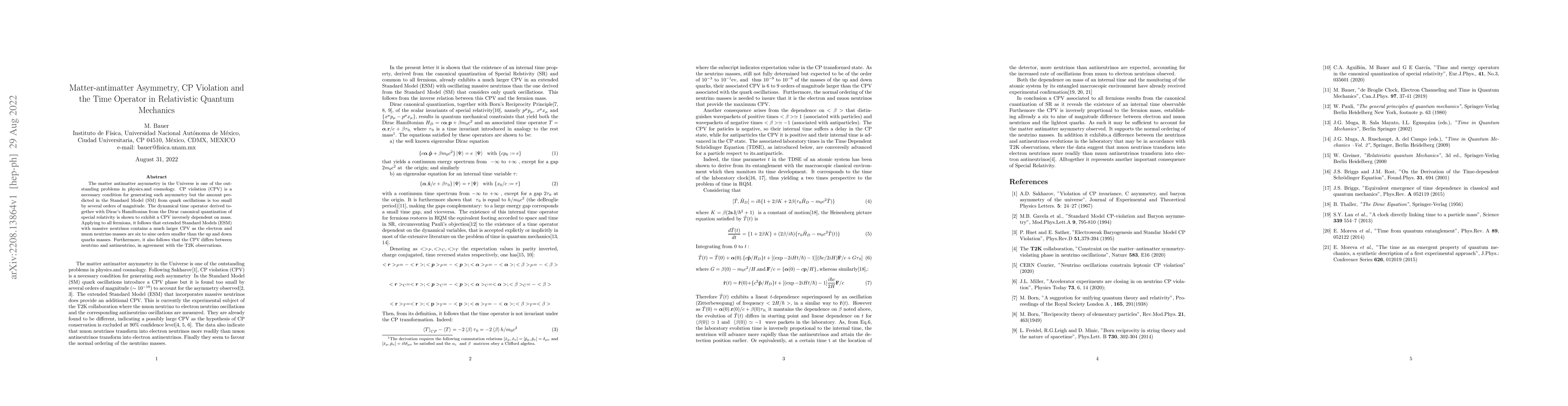 Thumbnail for Matter-antimatter Asymmetry, CP Violation and the Time Operator in
  Relativistic Quantum Mechanics