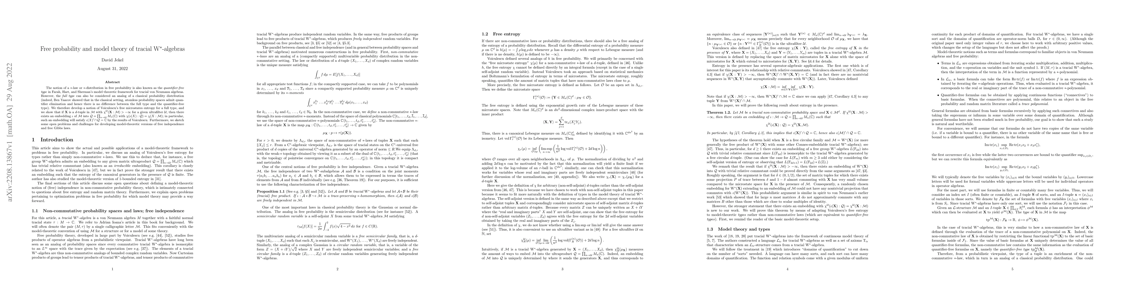 Thumbnail for Free probability and model theory of tracial $\mathrm{W}^*$-algebras