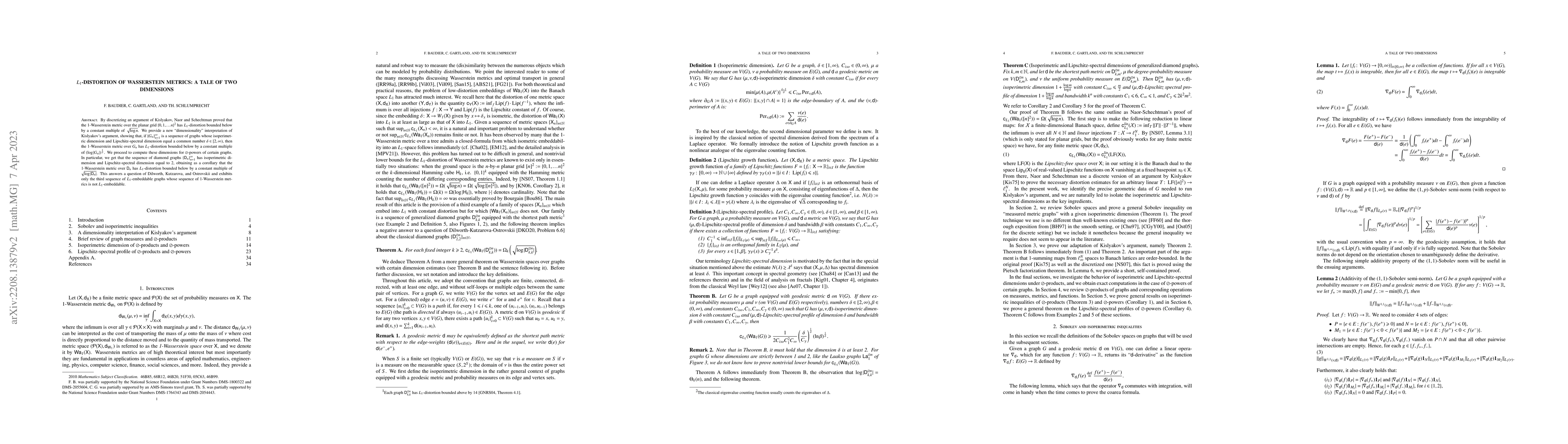 Thumbnail for $L_1$-distortion of Wasserstein metrics: a tale of two dimensions