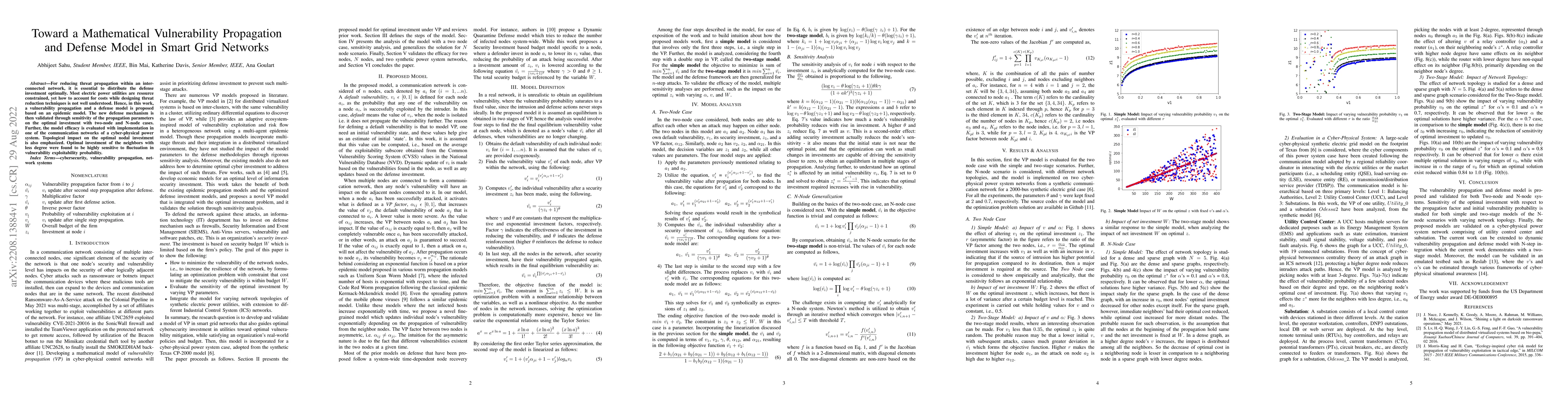 Thumbnail for Toward a Mathematical Vulnerability Propagation and Defense Model in
  Smart Grid Networks
